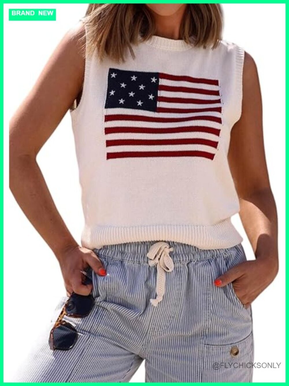 Sleeveless American Flag Knit Crop Tank Top - Patriotic Sweater Vest for